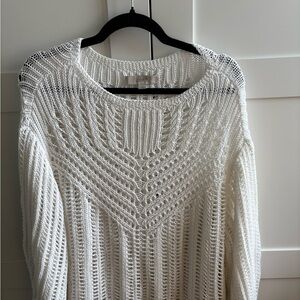 LOFT Cream Open-Knit Crewneck Sweater